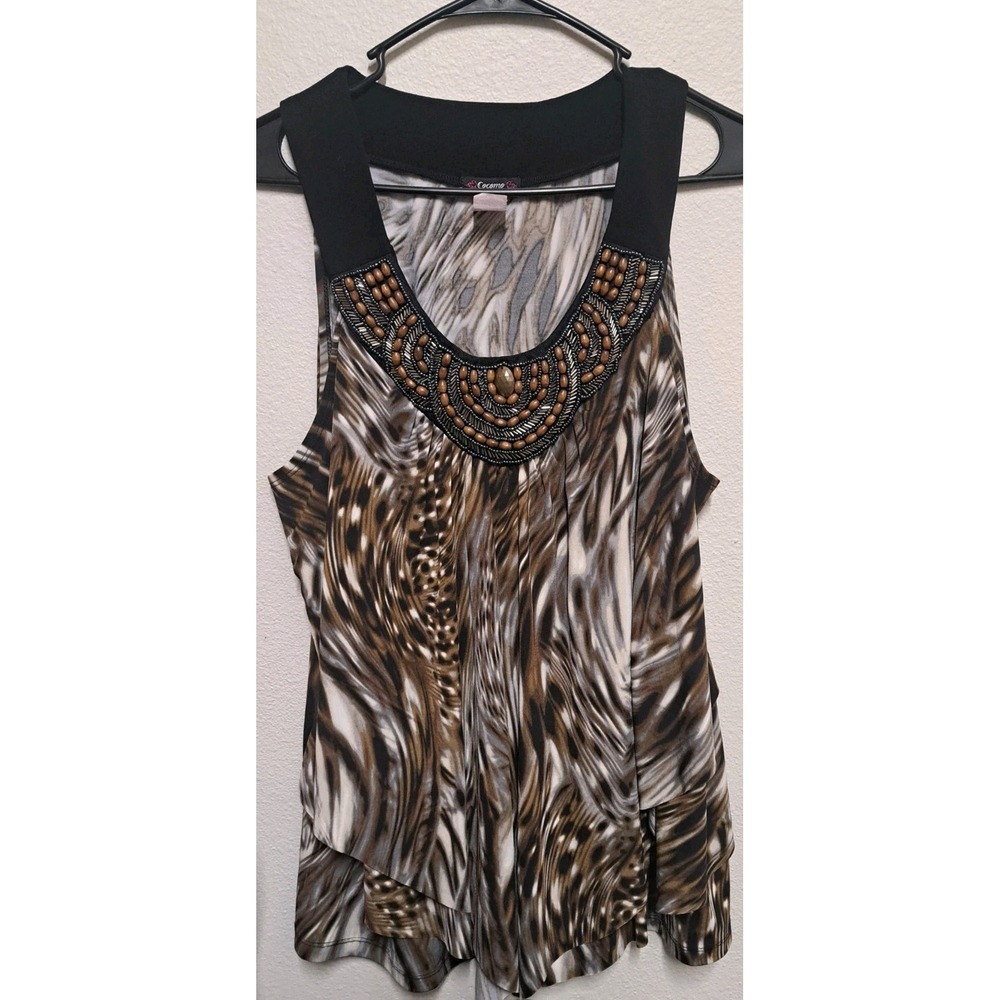 Cocomo XXL Beaded Tank Top Layered Flowy Asymmetrical Hem Abstract Print Blouse
